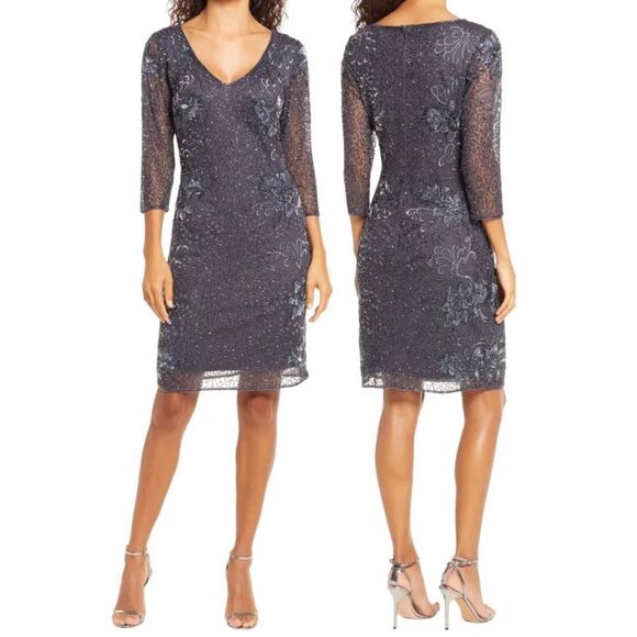 PISARRO Nights Beaded V-Neck Cocktail Dress in Size 4,Slate Charcoal Grey NWT - Picture 1 of 17